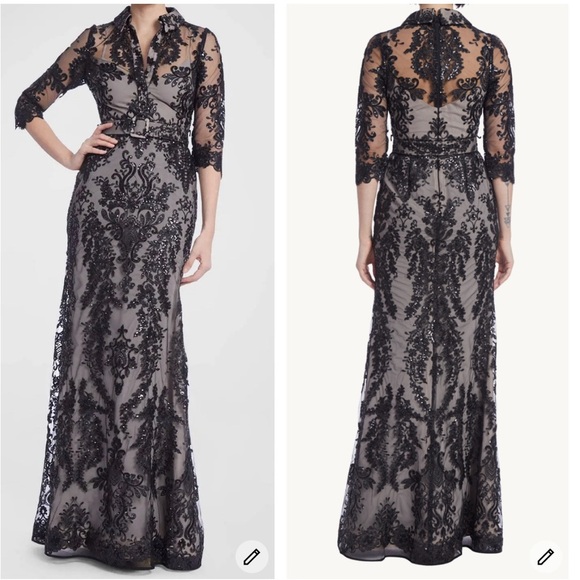 Badgley Mischka Black Embroidered Sequined Beaded Lace Overlay Belted Gown Sz 0 - Picture 1 of 12